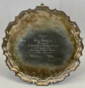 CIRCULAR SILVER PRESENTATION SALVER - Sheffield 1935, Maker Reid & Sons having a shaped raised