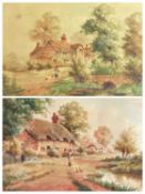 E RICHARDS watercolours, a pair - bonneted ladies feeding hens and ducks with buildings to the