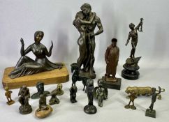 AFTER MOLINS AN OXIDISED BRONZE EFFECT ART DECO STYLE FIGURE of a reclining lady with looking glass,