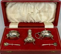 WALKER & HALL SILVER 3 PIECE CONDIMENT SET - London 1955 consisting open salt, lidded mustard pot
