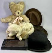 VINTAGE OZONIC LIGHT WEIGHT BOWLER HAT, Size 7 3/8, two vintage felt trilbies, vintage Teddy bear