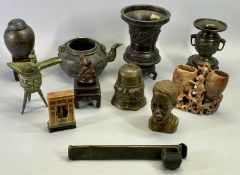 CHINESE CAST BRONZE TWO-HANDLED VASE - 12.5cms H, another Chinese bronze vase with later base, 21cms