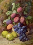 VINCENT CLARE watercolour - Still Life fruit, peaches, grapes and apples by a mossy bank, signed, 28