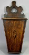 19TH CENTURY OAK CANDLE BOX - crossbanded with mahogany and oval inlaid shell motif to centre,