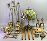 TABLE LAMP WITH TIFFANY STYLE SHADE, 38cms diameter, a Betacom Betacar novelty telephone, brass