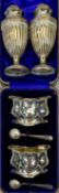 SILVER CONDIMENTS GROUP - to include a cased pair of salts with spoons, Birmingham 1902, Maker