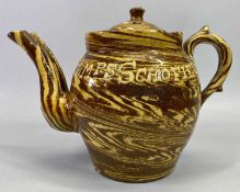 AGATE WARE - a rare Victorian agate ware twin spout teapot and cover inscribed in slip ware 'Mr
