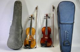 VIOLINS (2) - with 35cm backs, each with a bow and in case
