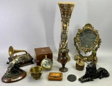 METALWARE - painted aluminium recumbent lion, 24.5cms H, an oval cast brass framed dressing table