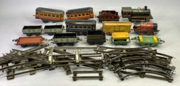 VINTAGE O GAUGE TIN PLATE CLOCKWORK LOCOMOTIVE WITH TENDER, one other tender, three carriages,