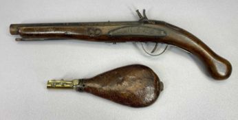 19TH CENTURY LEATHER SHOT FLASK - with brass charger nozzle, steel suspension hook, 22cms L and a