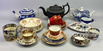 MIXED TABLEWARE - three Victorian teapots, transfer decorated drainer dish on stand, various cups