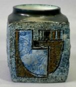 A TROIKA CUBE VASE - with ring neck by Leslie King, incised opposing decoration of roundels and