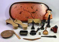 JAPANESE WOODEN GETA, A PAIR, Irish bog oak - a cross, 13cms H, harp, 12cms H, lighthouse remains,