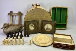 VINTAGE CANVAS J C HIGGINS 'LIFE LIKE' DUCK DECOY, 34cms L, an olive wood picture frame inlaid