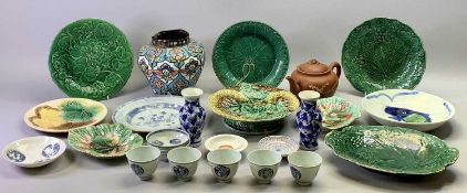 CHINESE CIRCULAR SHALLOW BOWL - painted with a coy carp design in cobalt blue and green, 22.5cms