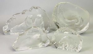 SWEDISH ART GLASS MATS JOHNSON FOR KOSTA BODA - four crystal intaglio sculptures, Walrus, signed '