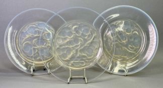 LALIQUE MARIENTHAL PATTERN BLUE OPALESCENT PLATES (3) - decorated with grapes, signed 'Lalique,
