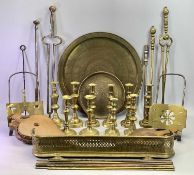 VICTORIAN BRASSWARE - five pairs of candlesticks, 25.5cms H, two pierced brass and steel fireside