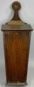 18TH CENTURY OAK CANDLE BOX - sloping lift up lid with leather strap hinge, 52cms H, 19cms W, 15.