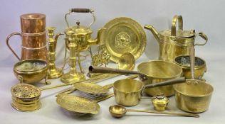 19TH CENTURY & LATER BRASSWARE - oval brass hot water can, 25cms H, a pair of candlesticks with