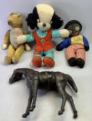 VINTAGE MOHAIR TEDDY BEAR, 43cms H, two other soft toys and a leather covered horse, 28cms H