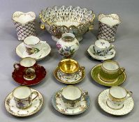 DRESDEN OVAL FLORAL ENCRUSTED BOWL - painted with floral sprays and reticulated border, 10cms H,