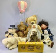 A PELHAM VENTRILOQUIAL PUPPET WITH BOX, various Teddy bears and other soft toys