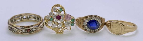 9CT GOLD RINGS (3) PLUS ONE OTHER - to include a small signet ring Size mid N-O, 2.1grms, red and