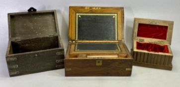 VICTORIAN BRASS BOUND WALNUT STATIONERY BOX, writing slope with tooled leather surface, 15cms H,