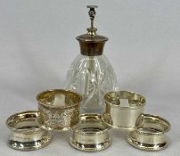 SMALL SILVER, 6 ITEMS - to include a sterling silver topped pump action cut glass scent bottle,