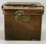 19TH CENTURY LEATHER CARTRIDGE CASE - with brass clasp, leather strap with brass buckle, 23cms H,
