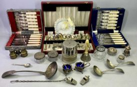 BOXED CUTLERY - two sets of 6 fish knives and forks, 3 x ladles, cut glass open salt with silver