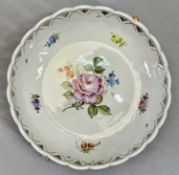 DRESDEN FLORAL ENCRUSTED CHINA - 20th Century, inkwell of Rococo form, 16 x 15cms, circular bowl,