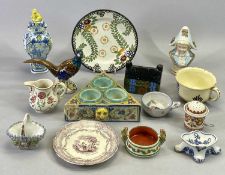 CERAMICS ASSORTMENT - Majolica triangular three division stand painted with animals and relief