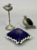 SILVER & OTHER VINTAGE PIN CUSHIONS (3) - one in the form of a duck mounted upon a stalk with loaded