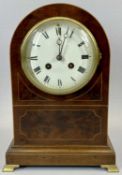 EDWARDIAN MAHOGANY CASED DOME TOP MANTEL CLOCK - inlaid with satin wood stringing, circular white