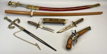 AN INDIAN SABRE - with brass handle and brass mounted plus scabbard, 85cms, a Samurai type wooden