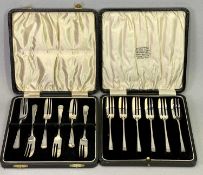 CASED SETS OF 6 SILVER PASTRY FORKS (2) - Birmingham 1929, Maker E Edmonds and Sheffield 1934