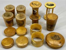LATE 19TH CENTURY MAUCHLINE WARE - 11 pieces to include egg timers, medicine glass holders, ETC - '