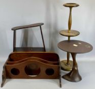 MAHOGANY BOW FRONT OPEN WALL SHELVES, the top shelf of three with three circular cut outs, 39cms