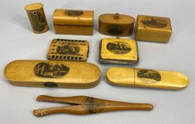 19TH CENTURY MAUCHLINE WARE - 9 pieces including a cribbage board, spectacles case, purse and