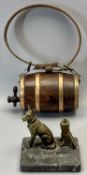 VINTAGE TABLE LIGHTER/ASH TRAY modelled as a Spelter dog seated by a tree stump on marble base,