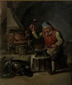 UNSIGNED oil on board (behind glass) Dutch School - a cobbler at work, 20 x 16cms