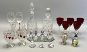 CIRCULAR CUT GLASS DECANTER & STOPPER, 32cms H, square cut glass decanter and stopper, 26cms H, a