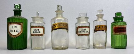 19TH CENTURY PHARMACIST BOTTLES - green glass with stopper 'Lin Bellad', 20cms H and 'Hydrarg