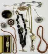 VICTORIAN JET STYLE DOUBLE WATCH CHAIN - with yellow metal fittings, a large agate brooch, two paste