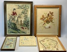 A CREWEL WORK TYPE NEEDLEWORK PICTURE, 19th century, finches and flowers, 56 x 37.5cms, a similar