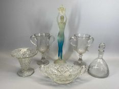 GLASS TWO HANDLED CELERY VASES, A PAIR - the bodies engraved with swans and ferns on pedestal bases,