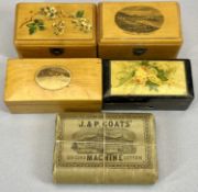 LATE 19TH CENTURY MAUCHLINE WARE SEWING BOXES WITH CONTENTS and two other similar